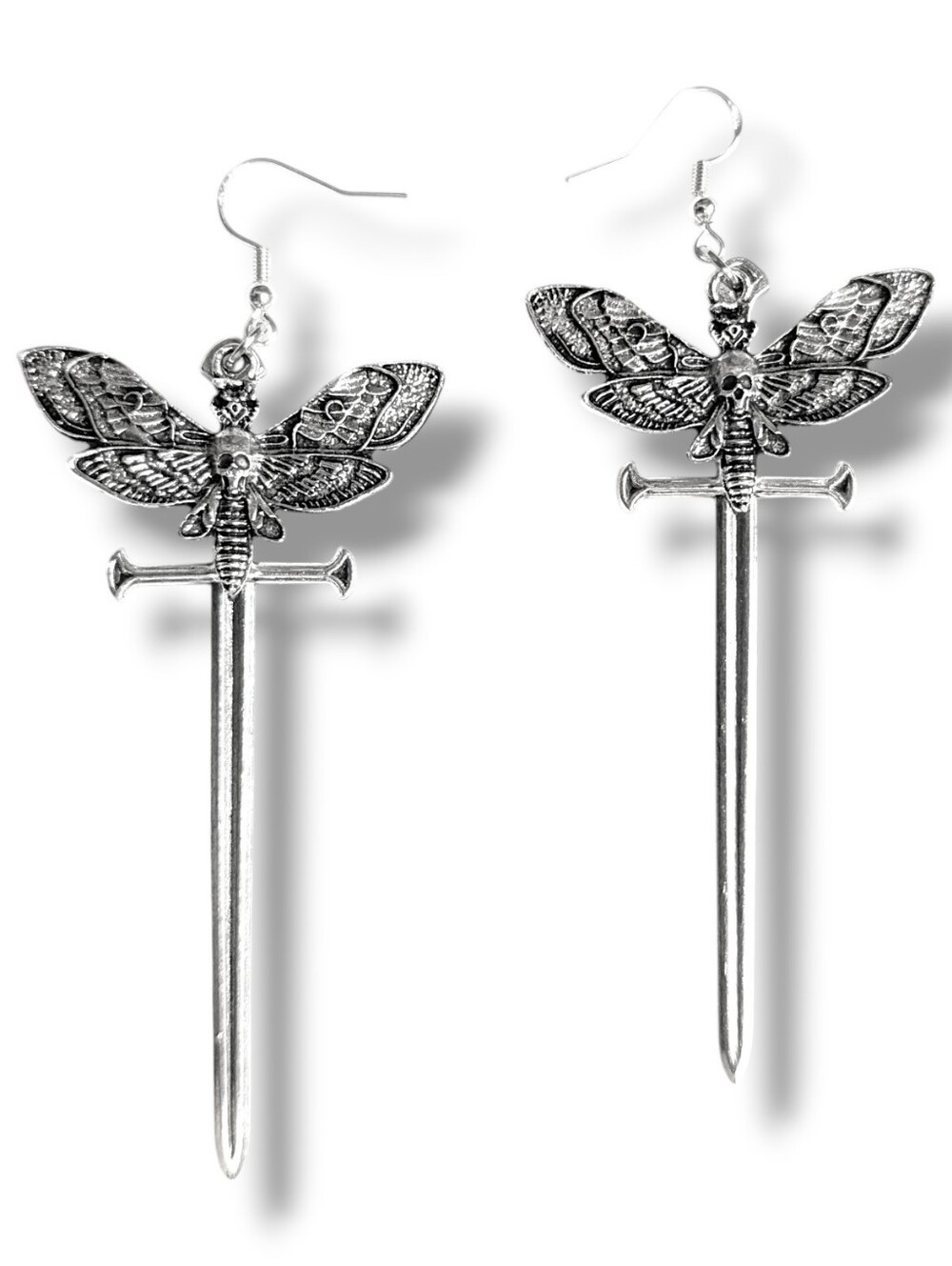 NWT Handmade Extra Long Silver Sword and Death Moth Dangly Earrings